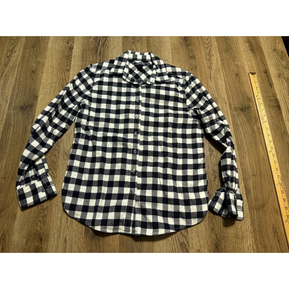 Lands' End Shirt Women Size 6P Black White Flannel Buffalo Plaid Button Up